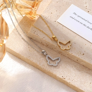 Elegant gold and silver titanium steel butterfly necklaces with pavé zircon butterfly pendants