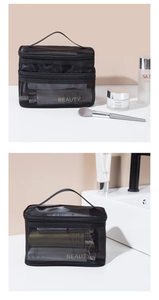 Bolsa de maquillaje de malla negra con asa, estuche de almacenamiento de viaje duradero detalle.