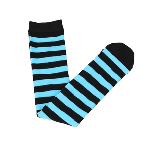 Detail of blue and black striped knee-high cotton socks in a clean folded layout
