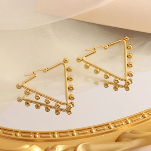 Fashionable gold triangular hoop earrings with small beads in stainless steel