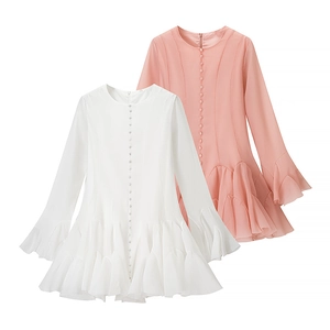 Women's long sleeve mini dress with flared cuffs and ruffled hem in white and pink