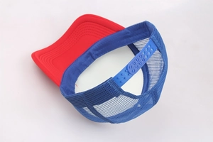 Rear view of mesh baseball cap showing the red brim and blue adjustable snapback strap