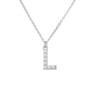 Detailed view of silver letter L pendant inlaid with multiple white pearls on a chain
