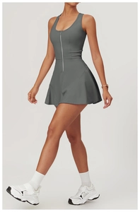 Detail of dark grey athletic dress with front zipper and sleeveless A-line silhouette