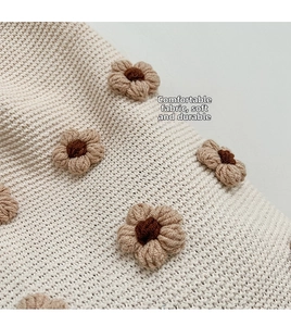Close-up of knit tote bag featuring 3D crochet flowers and soft waffle texture