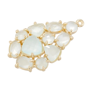 Detail of leaf-shaped grape pendant with light blue glass stones and gold setting