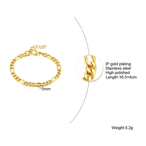 Detailed specs of 5mm gold Figaro bracelet with IP vacuum plating and high polish finish