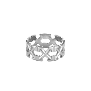 Minimalist silver stainless steel ring with elegant hollow geometric pattern on white background