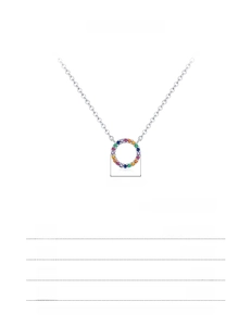 Technical drawing showing 11mm silver circular pendant with colorful stones and 45cm chain