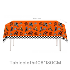 Orange motocross tablecloth with racing checkered flag and motorcross theme 108x180cm