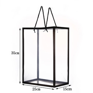 Transparent flower gift bag with black frame and handles, size 25x15x35cm dimensions
