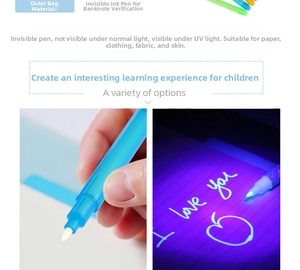 Detailed view of UV invisible ink pen showing neon fluorescent heart under ultraviolet light