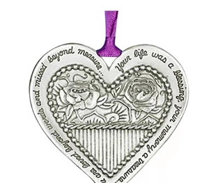 Silver heart memorial ornament with purple ribbon and engraved rose floral patterns