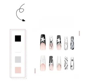 Detailed view of 10-piece punk-style press-on nails with star patterns and flame designs