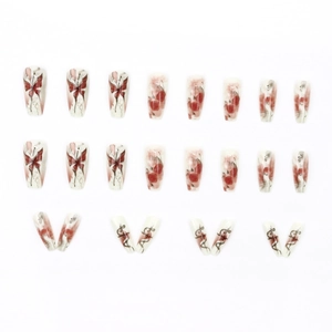 Ink style rose and butterfly design coffin nails, 24 piece long press-on nail kit