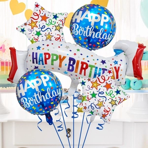 5-piece Happy Birthday foil balloon set with blue round and star-shaped party decorations