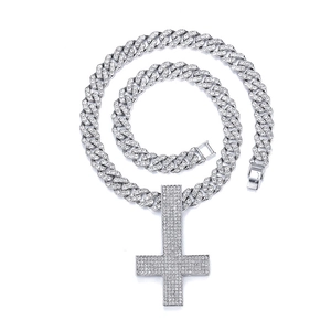 Hip hop silver iced out Cuban chain necklace with inverted cross pendant for men