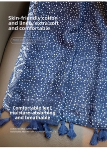 Detail of navy blue cotton linen scarf featuring white polka dots and soft fringe edges