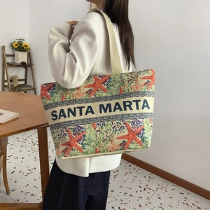 Large linen tote bag with colorful starfish coral patterns and SANTA MARTA embroidery
