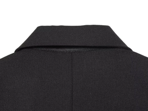 Detailed close-up showing reinforced stitching and twill texture on a black blazer collar