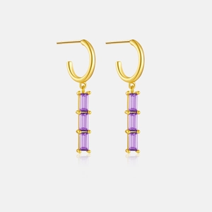 Detail view of 925 silver gold-plated C-hoop earrings with triple purple zircon stones