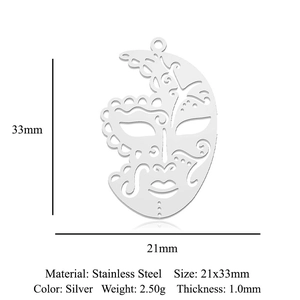 Silver stainless steel Venetian mask pendant detail showing 21x33mm dimensions and specs