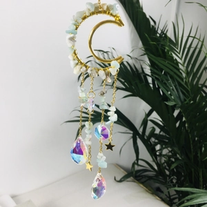 Golden moon suncatcher with natural amethyst stones and colorful crystal prisms