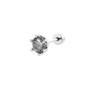 Elegant single silver earring with dark grey zircon stone in a 6-prong screw back setting