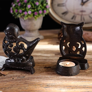 Vintage black cast iron hollow bird and owl candle holders for home decoration