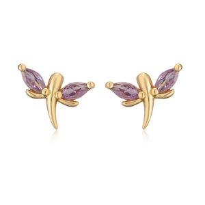 Detail of dragonfly stud earrings with purple marquise stones in gold finish