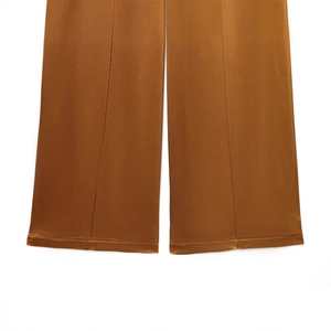 Fashionable high waist caramel satin wide leg pants with silky smooth fabric texture