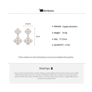 Detailed view of silver flower earrings showing dimensions and copper with zircon materials