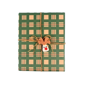 Christmas gift wrap set featuring green plaid kraft paper with felt reindeer and twine