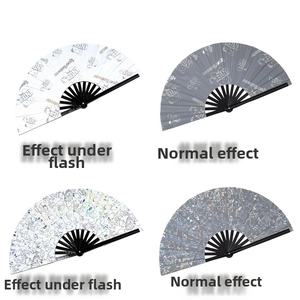 Detail view showing the reflective effect of the holographic bamboo fan under flash light