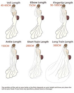Detailed size chart showing different lengths of bridal veils from 40cm to 300cm