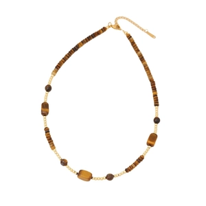 Tiger eye beaded necklace with gold stainless steel chain on a clean white background
