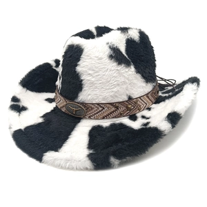 Winter cow print plush cowboy hat with ethnic braided band and bull head metal emblem