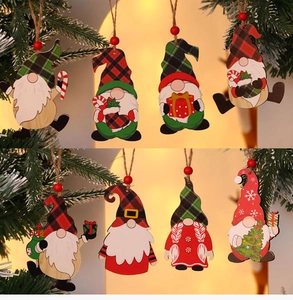 Detailed set of eight painted wooden gnome ornaments with strings on a festive background