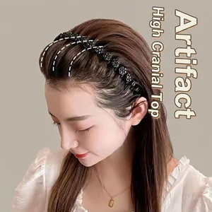 Elegant black floral headband with rhinestones for a high cranial top hair look