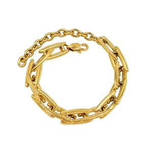 Close-up of gold chain bracelet with H-shaped hollow links and lobster clasp