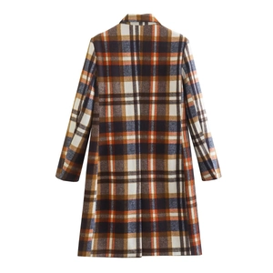 Cappotto medio lungo da donna a quadri arancione e marrone con vista posteriore minimalista