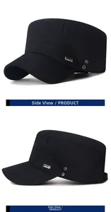 Detail of black cotton military cap featuring metal SPORT badge and breathable eyelets