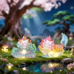 Mythical Nine-Tailed Fox statues on a bridge and boat within a fantasy forest scene