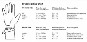 Detailed size chart for vintage skull cuff bracelet showing wrist measurement for men and women