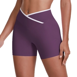 Short de yoga violet à taille haute, ceinture en V croisée et bordure contrastée pour le fitness