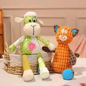 Cute cartoon plush lamb and cat dolls with unique corduroy textures on a warm background