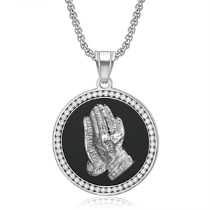 Hip hop style titanium steel praying hands pendant necklace with zircon inlay