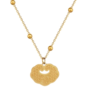 Minimalist titanium steel gold necklace featuring a Fu character r鎖 pendant with beads