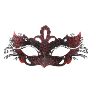 Elegant metal butterfly masquerade mask with red glitter and sparkling rhinestones