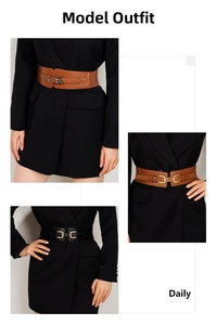 Detail of wide elastic waist belt with double buckles styled on a black blazer jacket
